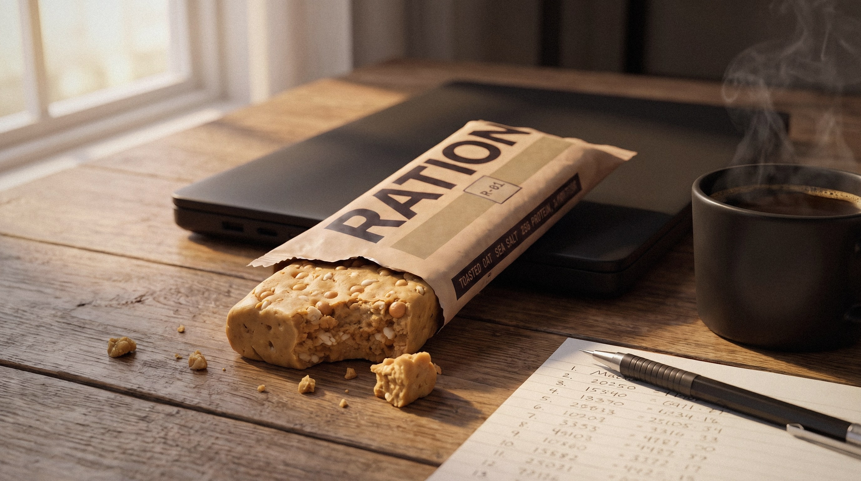 Studio render of the Batch 001 lineup: all four Ration bars peeking from their torn printed wrappers, laid side by side on a tan field.