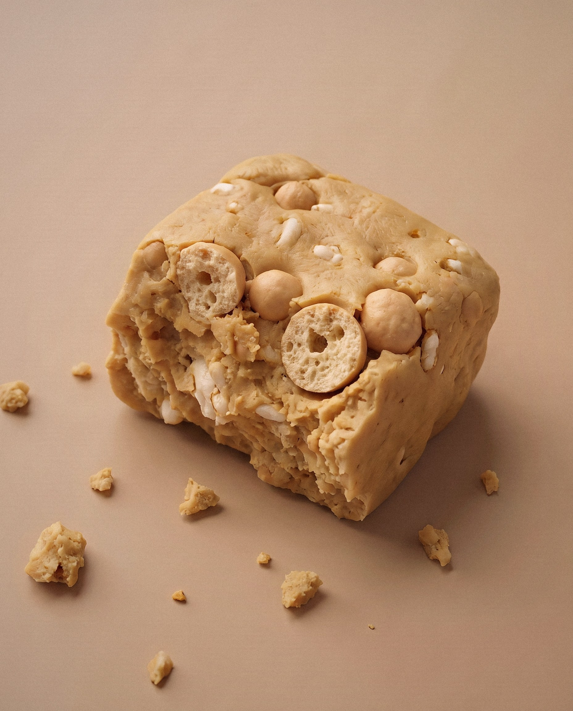 Studio render, close up: a Ration bar broken in half, showing the puffed rice and protein crisp interior.