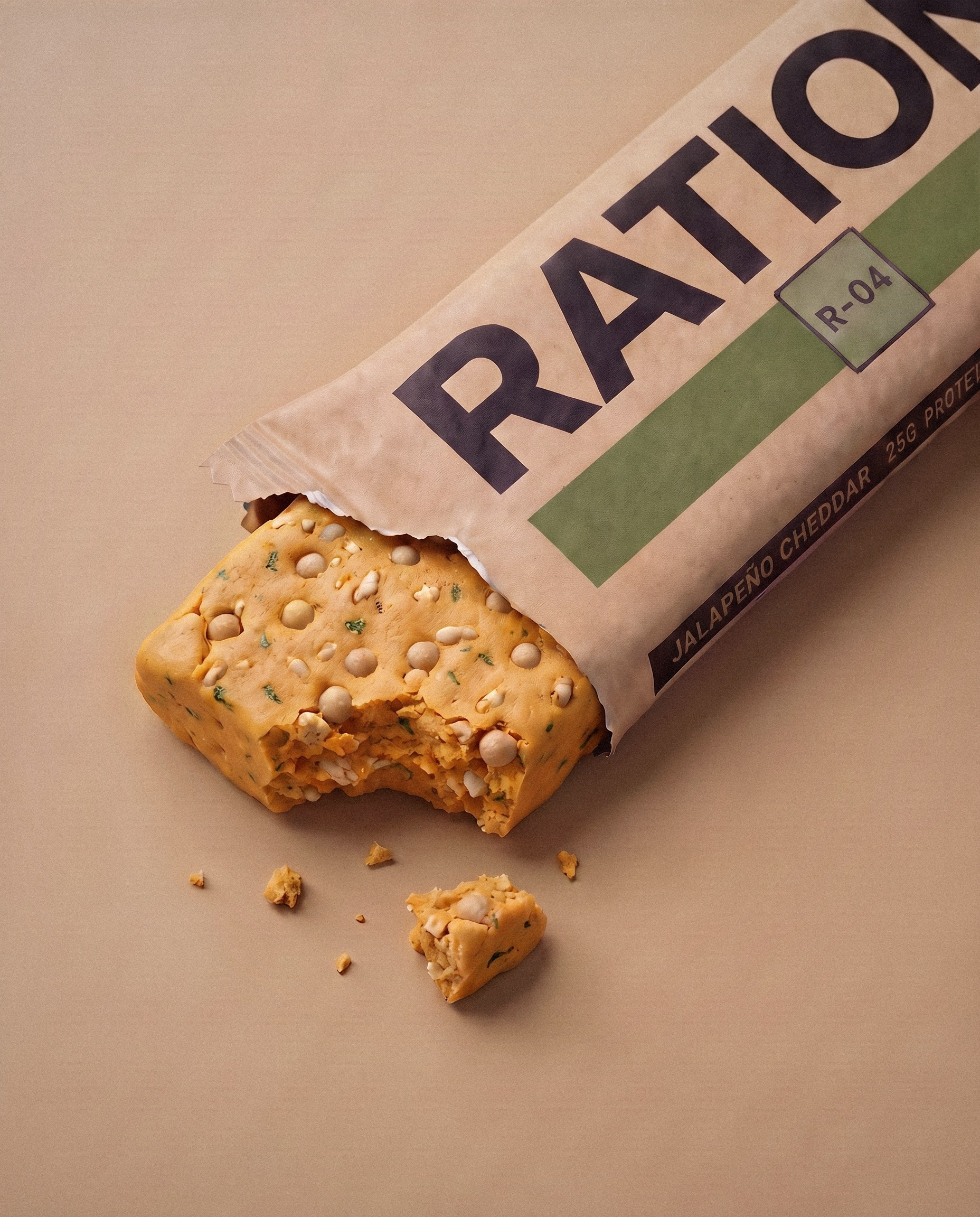 Studio render of the R-04 Jalapeno Cheddar bar in its printed wrapper.